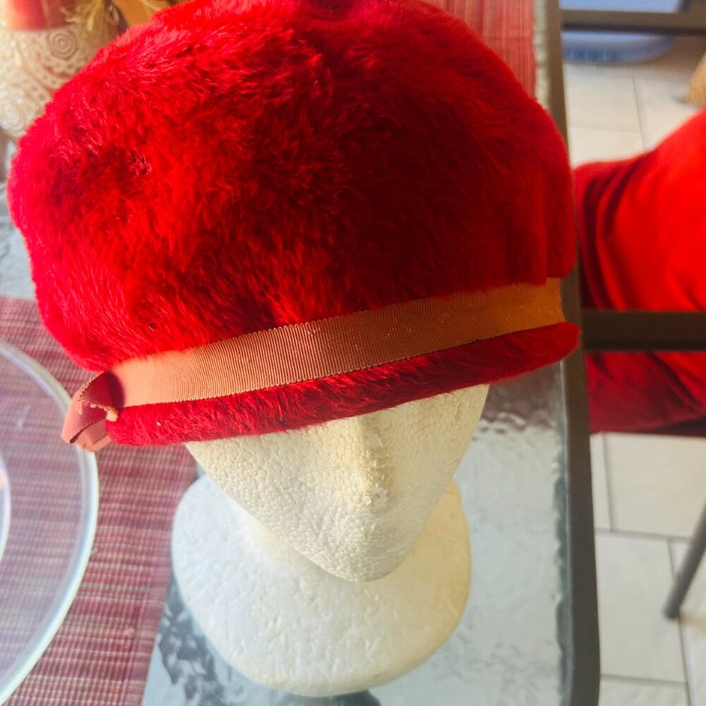 Vintage Christine Original Empress Faux Red Fur Hat with bow